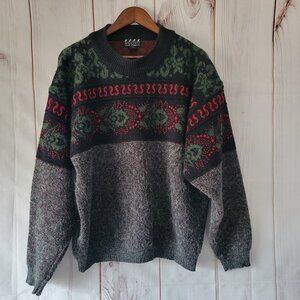 Vintage 90’s Nuovo New Force Men’s L Pullover Crewneck Fair Isle Gray/Green/Red